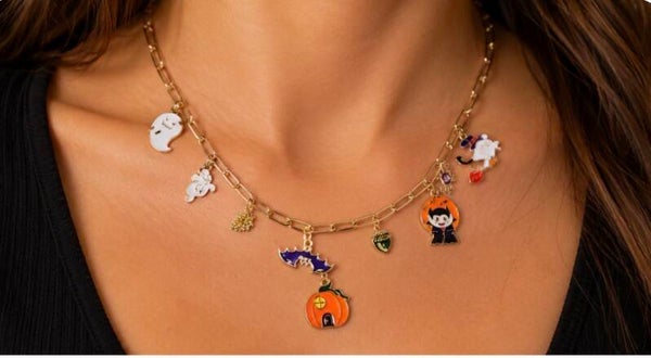 Gold 16” Chain Necklace and 8” Bracelet with Halloween Charms