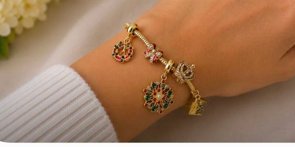 Gold-Tone Festive Charm Bracelet with Red and Green Accents