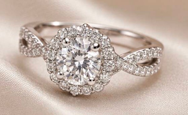 Sterling Silver White Halo Engagement Ring with Beautiful Moissanite Stone