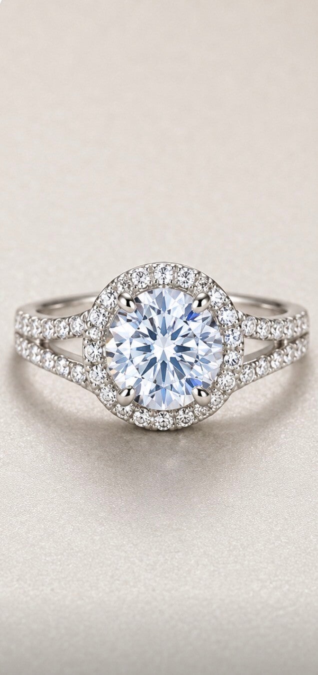 Elegant size 7 Sterling Silver 2 Carat Moissanite Diamond Halo Ring