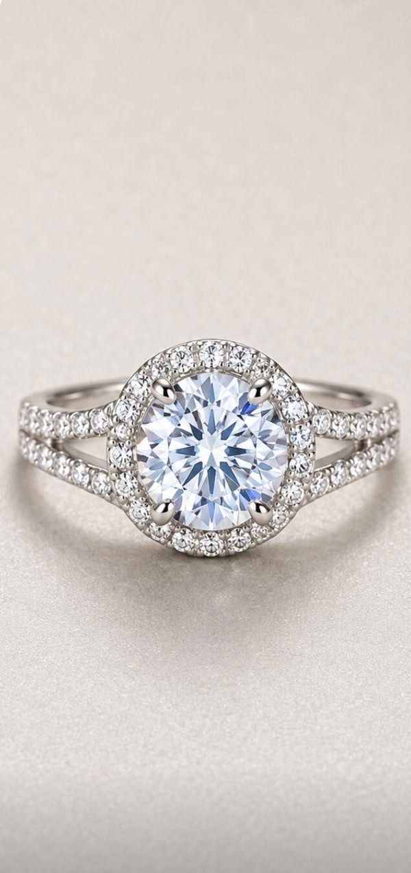 Elegant size 8 Sterling Silver 2 Carat Moissanite Diamond Halo Ring