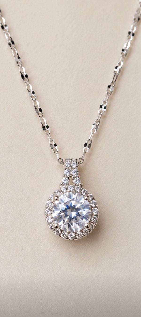 Elegant 16” -18” Silver Stainless Steel and 2 Carat Violet Moissanite Diamond  Pendant Necklace