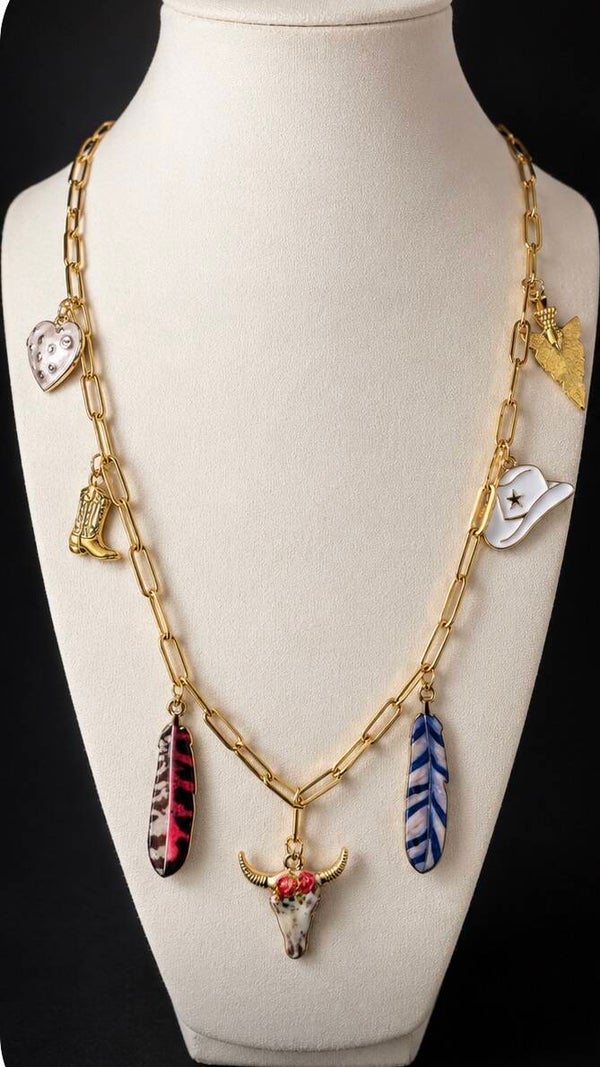 Gold Stainless Steel  Charm Necklace with Multicolor Accents