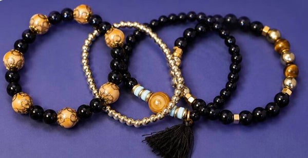 Elegant Black and Gold Beaded Bracelet Set