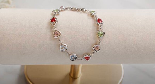 Sterling Silver 8” Charm Bracelet with Red, Pink and Crystal Hearts