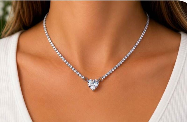 Sterling Silver Five Carat Heart Moissanite Tennis Necklace with Sparkling Gems