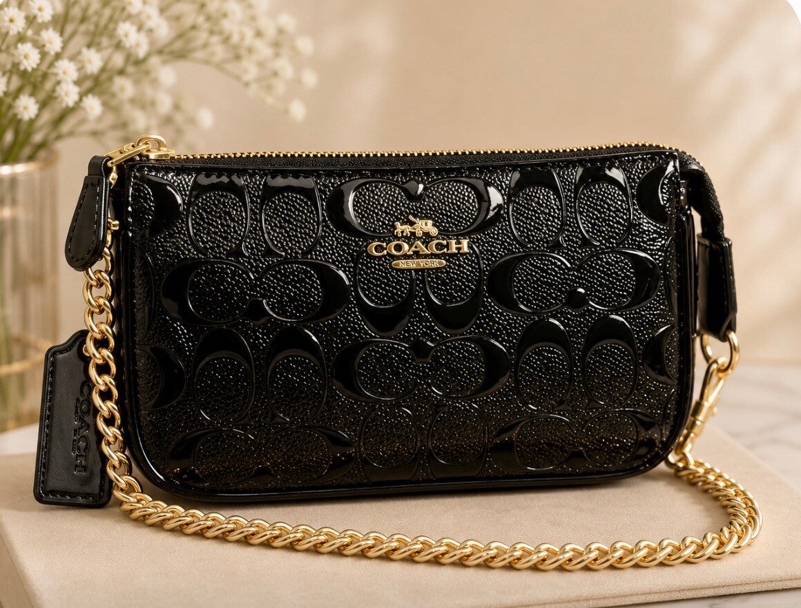 Coach Black and Gold Crossbody Bag with Signature Pattern