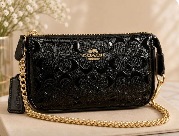 Coach Black and Gold Crossbody Bag with Signature Pattern