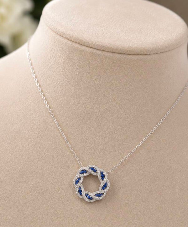 Elegant White K Plated Circle Necklace with Blue CZ Stones