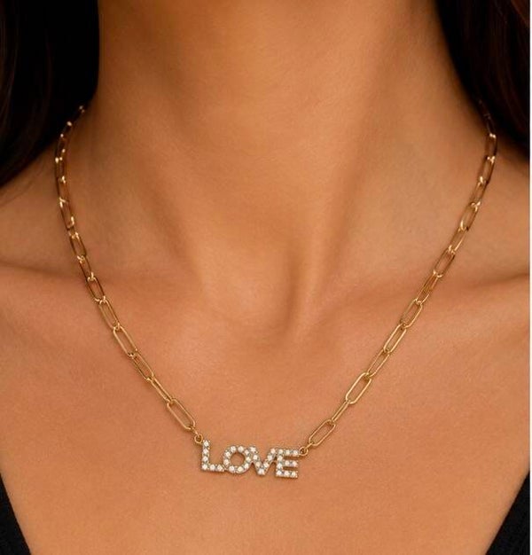 18k Gold Over Stainless Steel ‘LOVE’ Pendant Necklace with Crystal Accents