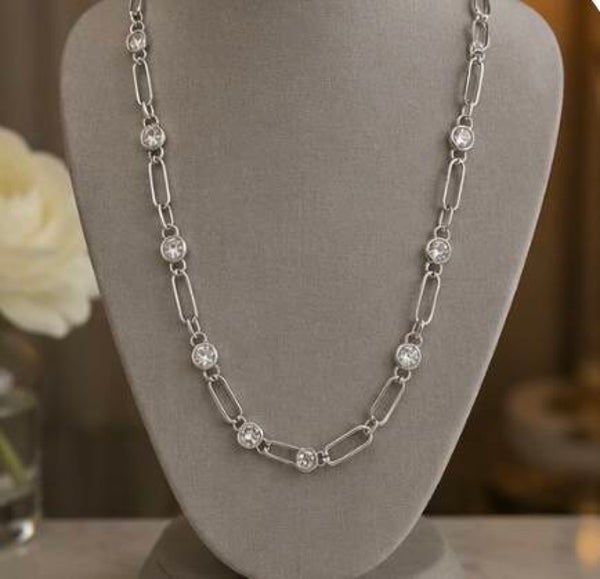 Silver-Stainless Steel Link Crystal Station Necklace