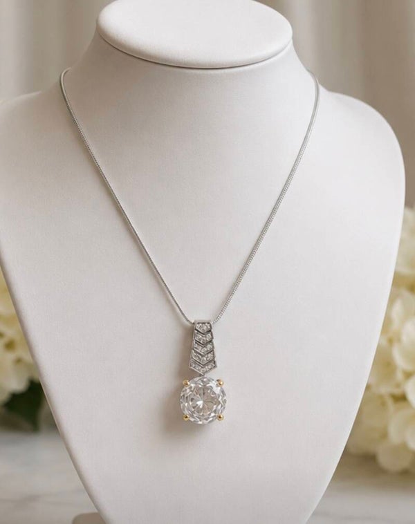 925 Sterling Silver 20” Necklace With a 3 Carat  Rose Cut Moissanite  Pendant Necklace with Clear Crystal Drop