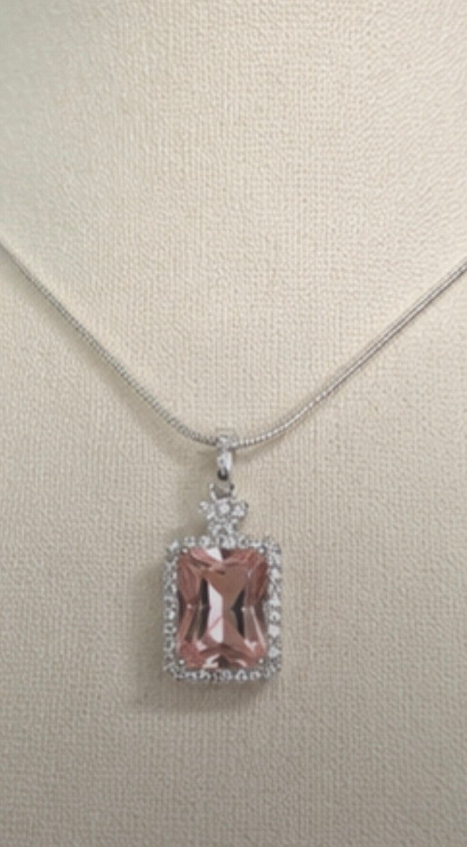 Elegant Sterling Silver 5 Carat Hand Set Peach Morganite Pendant Necklace