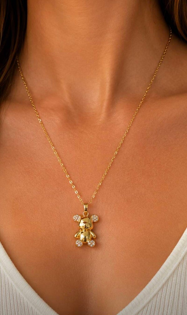 Gold 18”Stainless Steel Teddy Bear Pendant Necklace With Cubic Zirconia Accents