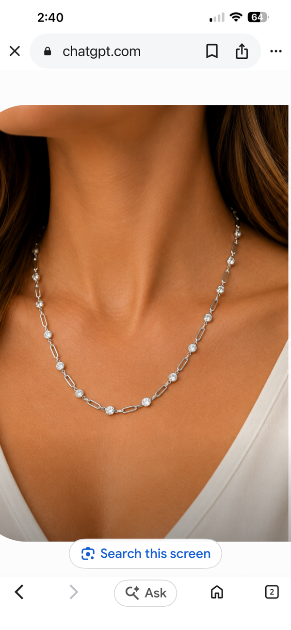 Silver 18” Stainless Steel Chain Necklace with Clear Crystal Accents