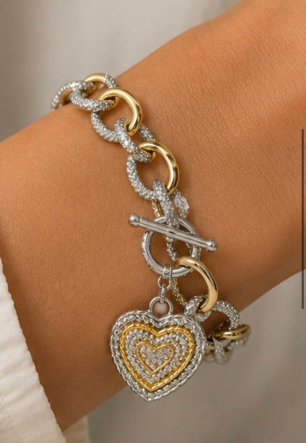 Two-Tone Gold & Silver Heart Charm Toggle Bracelet