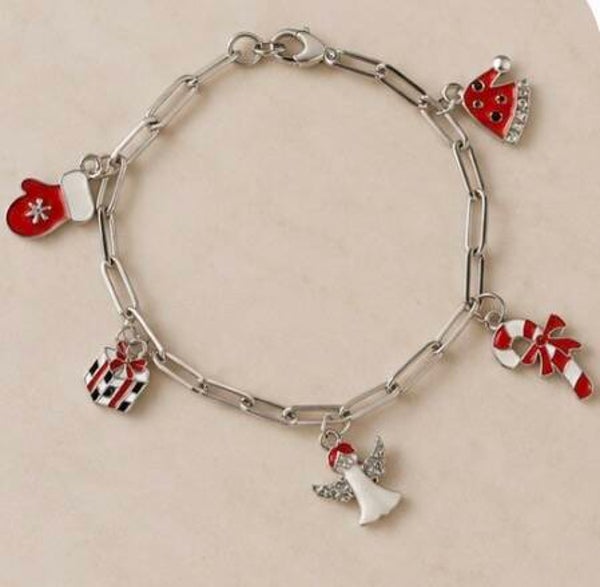 Festive Christmas Silver Charm Bracelet with Red and White Charms For the Holiday Spirit.