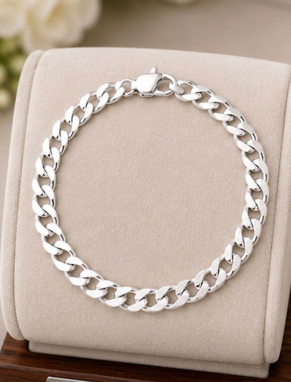 B- Sterling Silver 8”  7mm Flat Closed Cuban Chain Bracelet