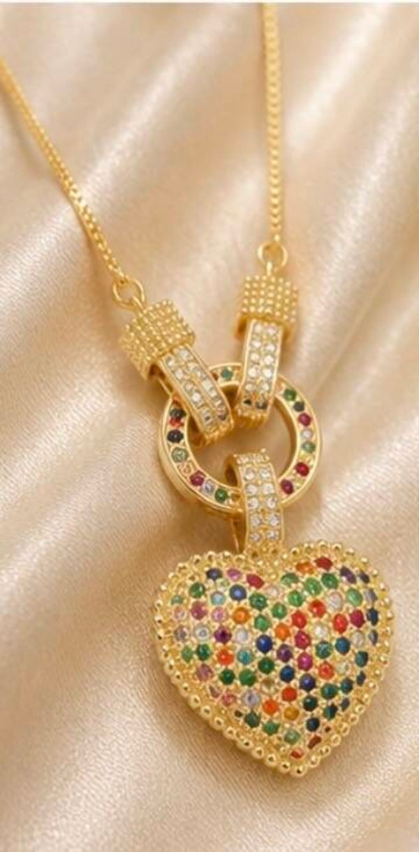 18k Gold Plated Multicolor Pave Heart Cubic Zirconia Pendant Necklace