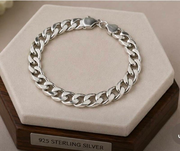 B- 9” 12mm Sterling Silver Plated Cuban Chain Bracelet
