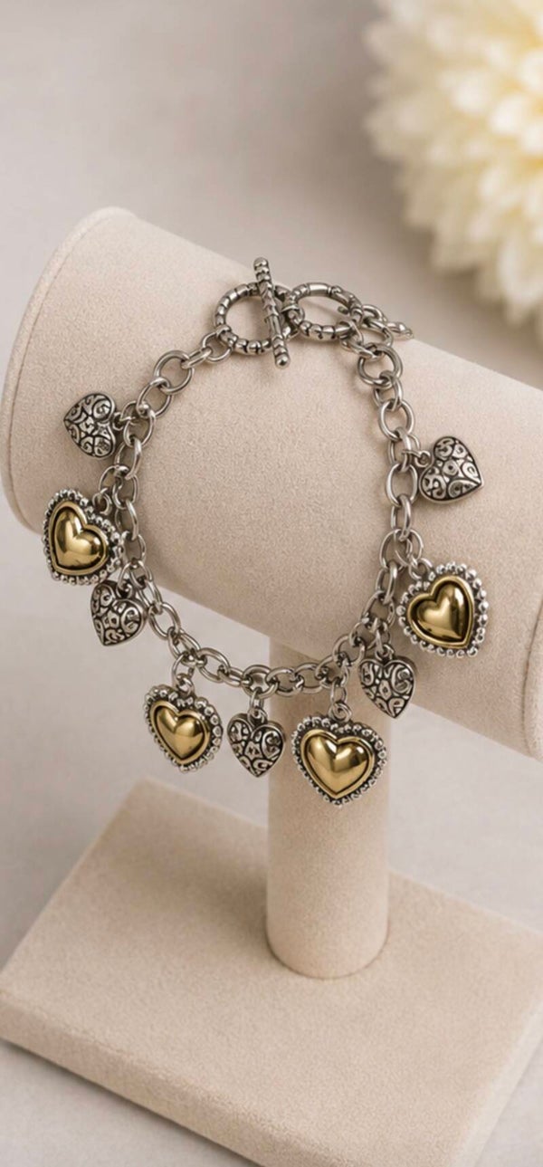 Silver and 14k Gold Plated Heart Charm Bracelet