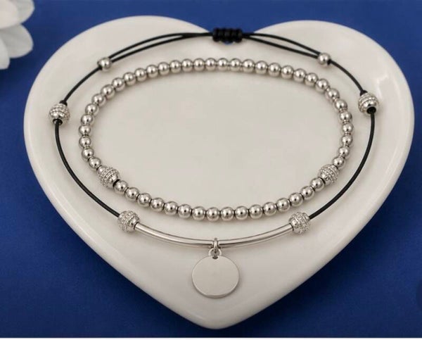 Silver Beaded Anklet with Black Cord