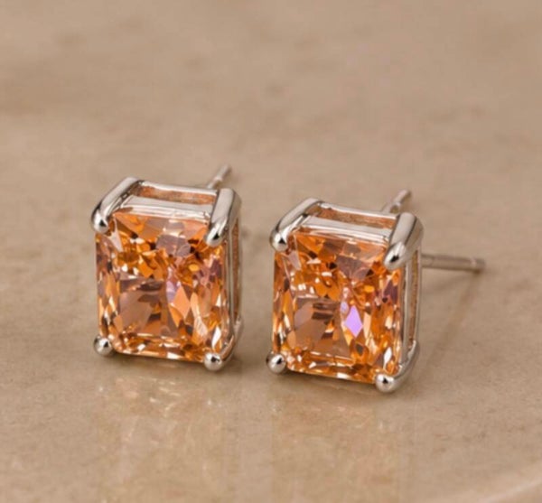 Elegant Sterling Silver 7 Carat Morganite Cubic Zirconia Stud Earrings