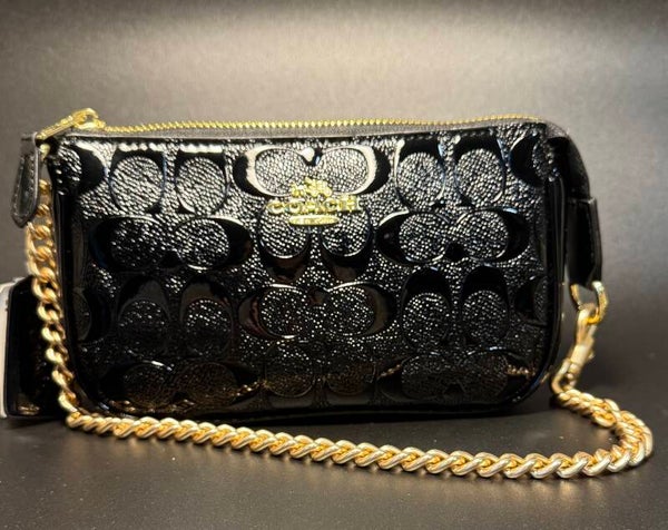 Coach Black and Gold Crossbody Bag with Signature Pattern