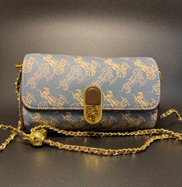 Blue and Gold Chevron Crossbody Bag with Chain