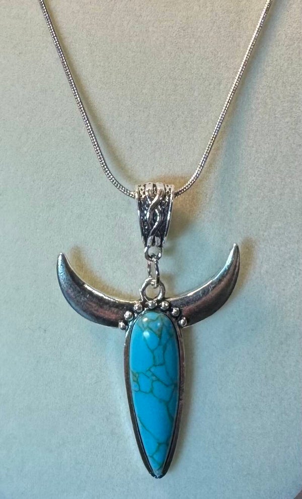 Silver and Turquoise Steer Head Pendant Necklace