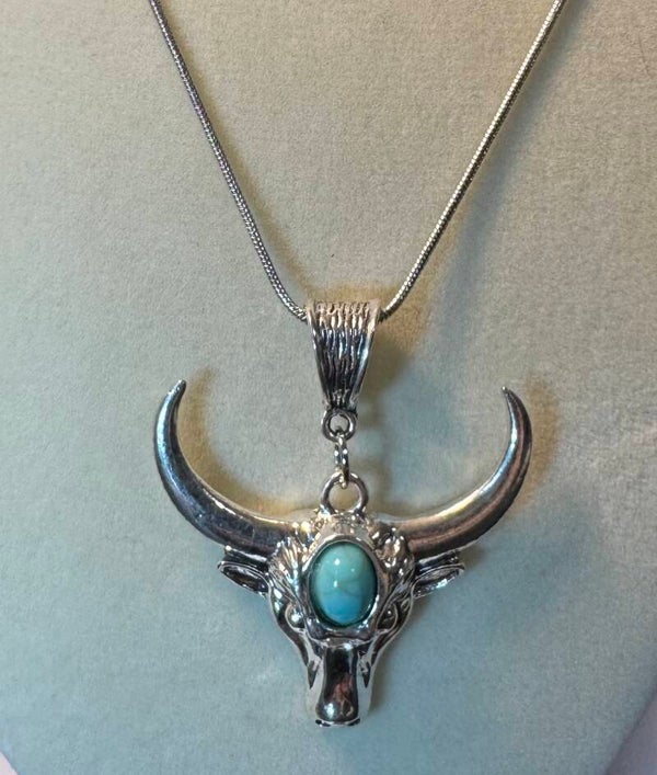 Sterling Silver Bull Pendant Necklace with Turquoise Accent