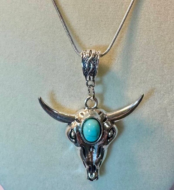Sterling Silver Bull Skull Pendant Necklace with Turquoise Accent
