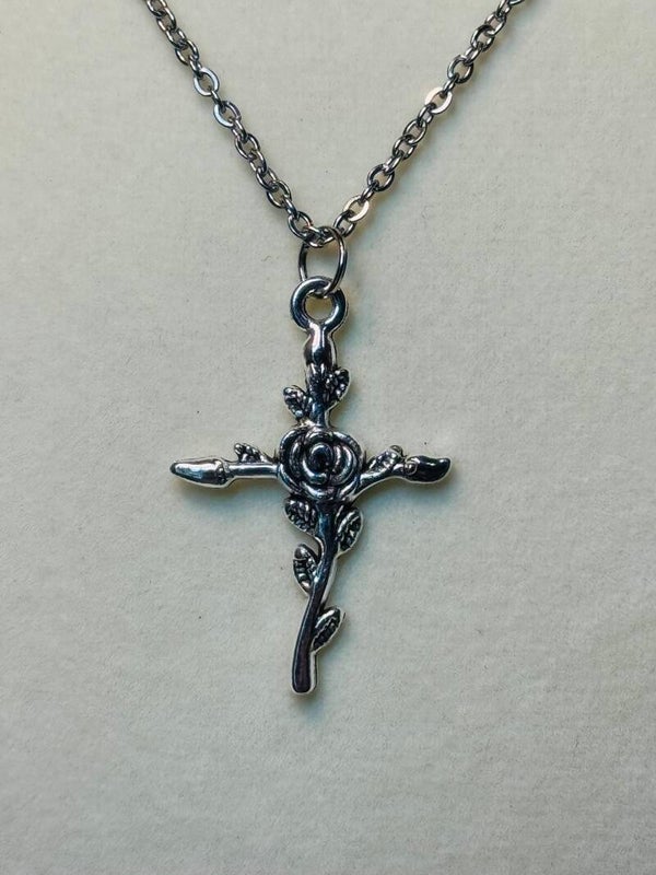 Silver Stainless Steel Rose Cross Pendant Necklace