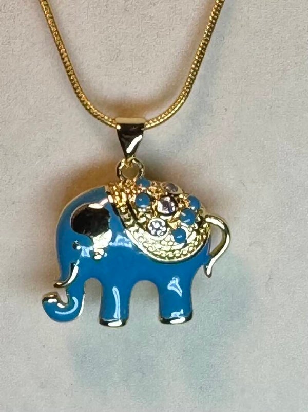 Gold and Blue Elephant Pendant Necklace