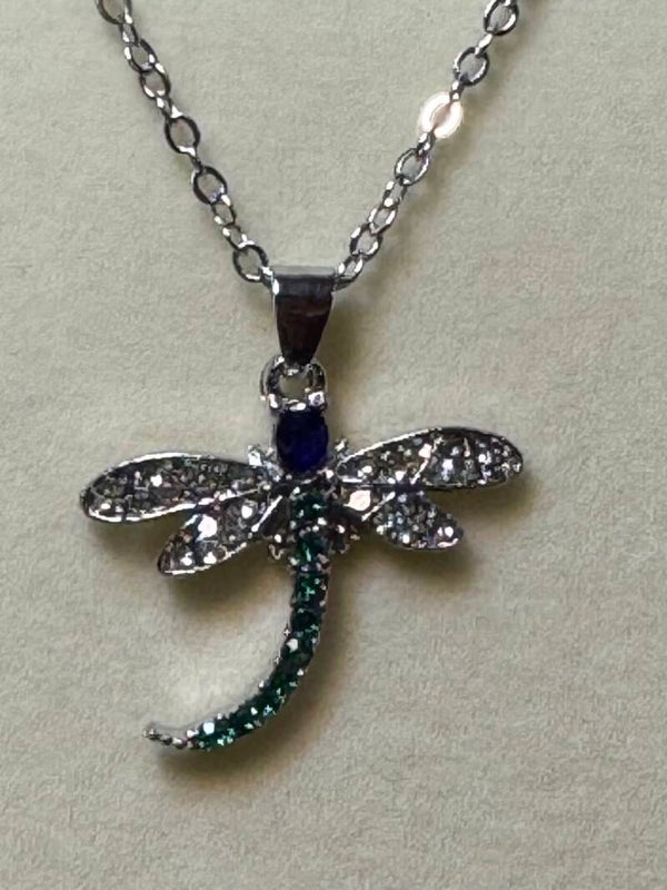 Blue and Silver Dragonfly Necklace with Sparkling Accents