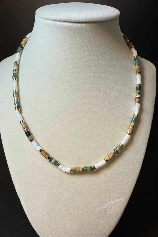 Elegant Green and Gold Beaded Beach Necklace