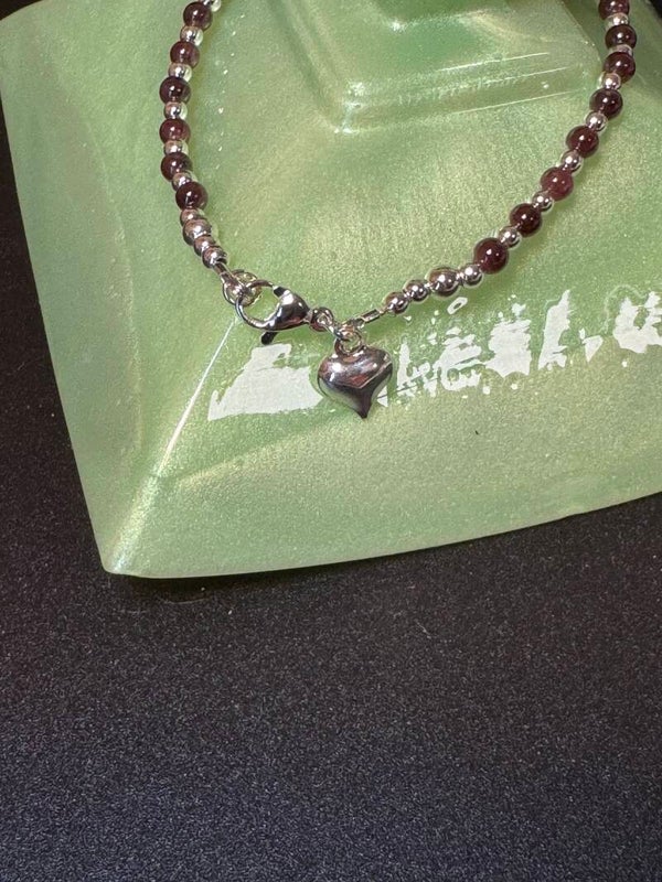 B- Silver and Red Beaded Heart Bracelet