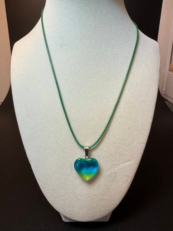 Iridescent Heart Pendant Necklace with Green Cord