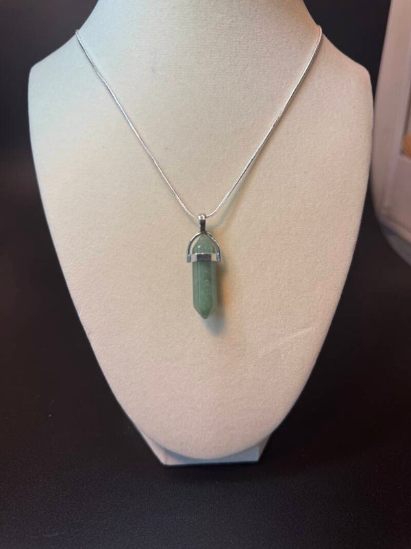 Green Gemstone Crystal Pendant with Silver Detailing