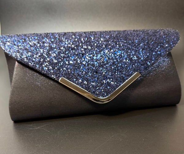 Blue and Silver Glitter Clutch with Metallic Trim
