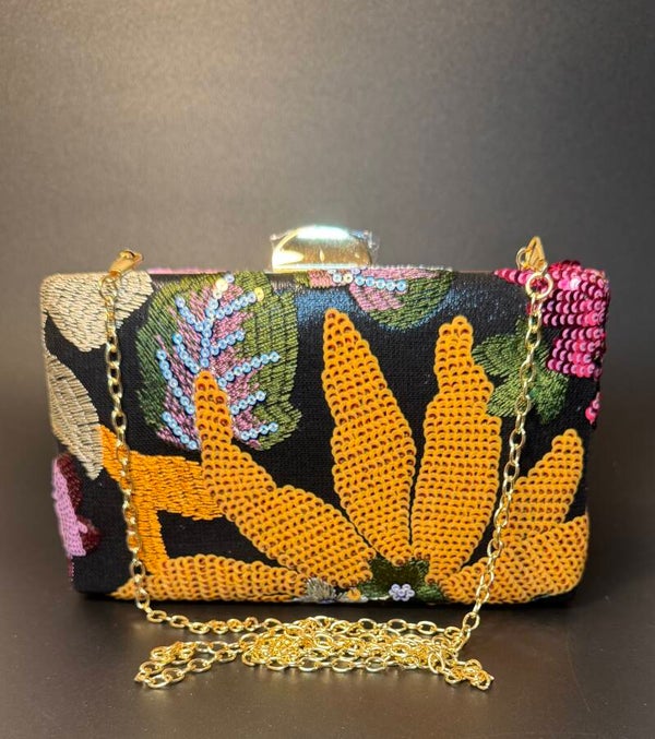 Floral Embroidered Clutch/ Crossbody with Gold Chain