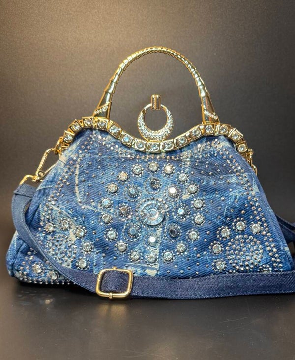 Embellished Blue Handbag with Gold Accents