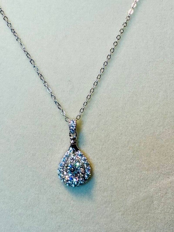 Sparkling Sterling  Silver Teardrop Moissanite Necklace with Blue Crystals