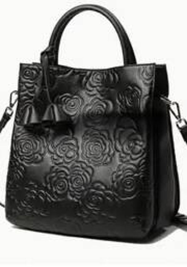 Black Embossed Rose Shoulder/Crossbody Bag