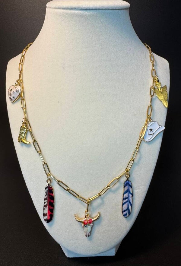 Gold Stainless Steel  Charm Necklace with Multicolor Accents