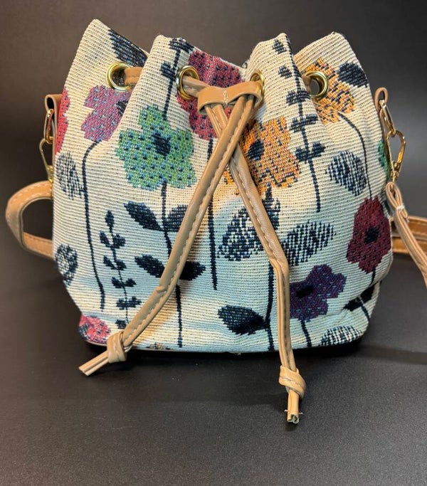 Cream and Tan Mini Bucket Bag with Drawstring