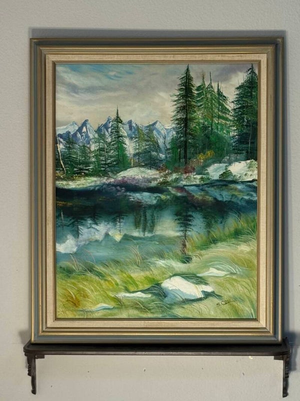 Framed Landscape Painting with Green and Blue Tones