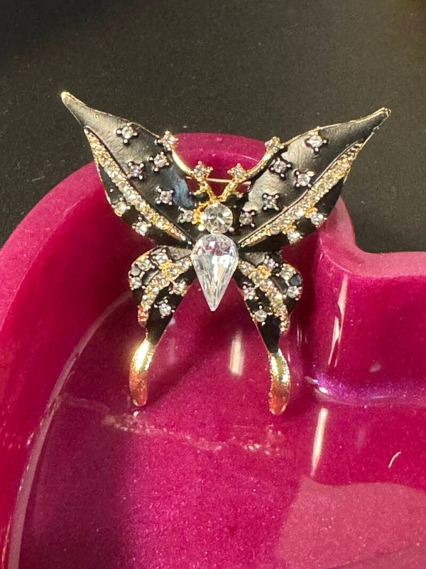 Silver Butterfly Brooch with Crystals and Art Deco Design