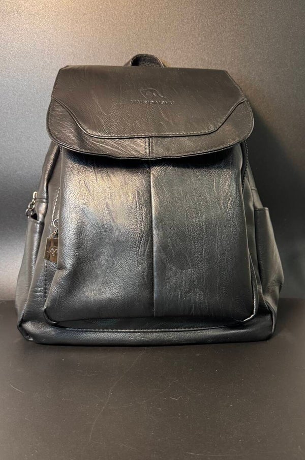 Classic Black Faux Leather Backpack with Flap-Over Closure