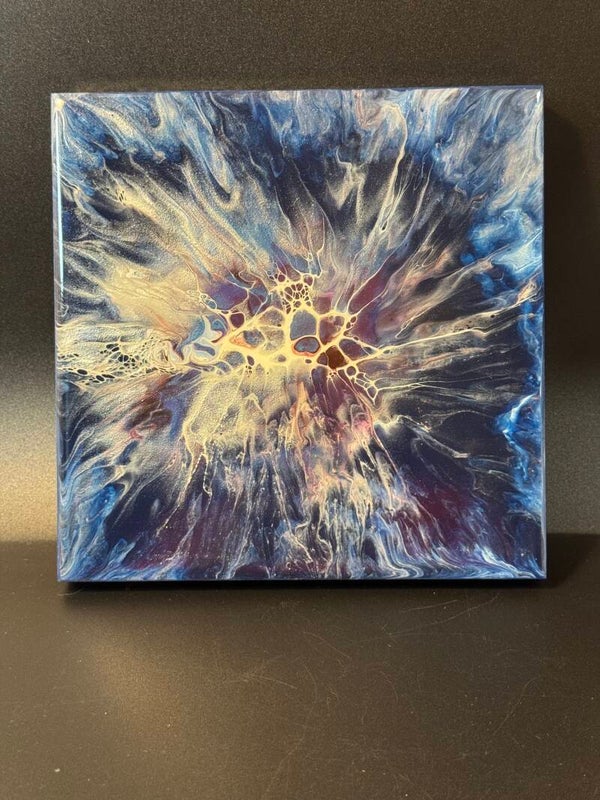 Dynamic Cosmic Burst Abstract Painting in Blue and Gold